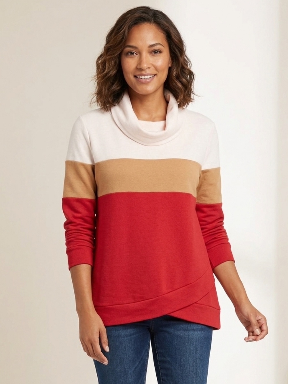 Kim Rogers Colorblock Turtleneck Sweater - Red, Tan, Cream
